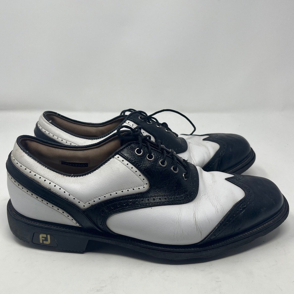 FootJoy GreenJoys Mens 9.5 W Golf Shoes Black White Wingtip Saddle 52262 - Picture 2 of 8
